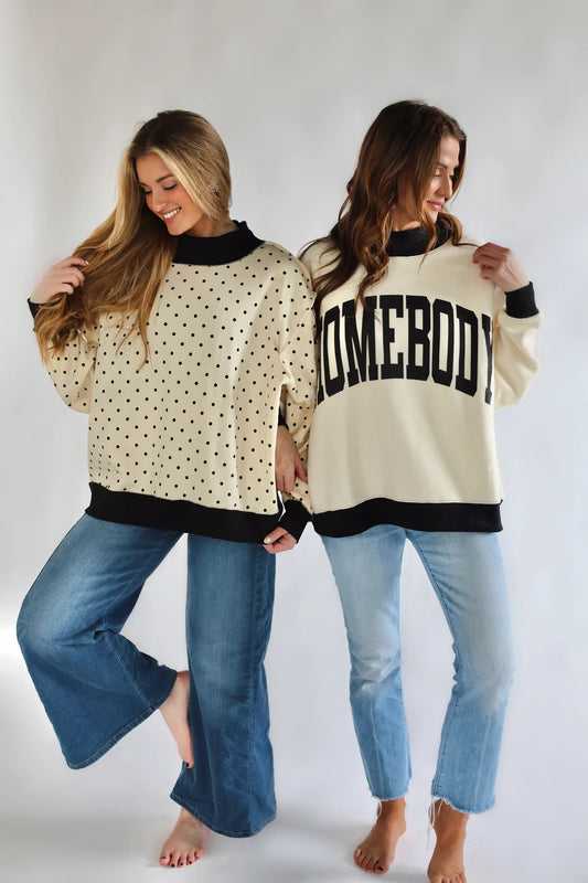 Poppy & Pine -2 Sided Mock Sweatshirt– Black Polka Dot reverses Homebody