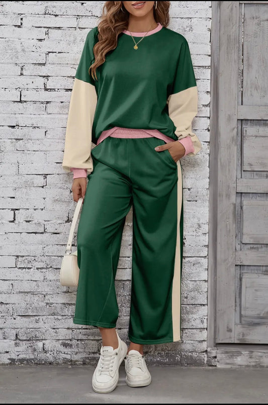 2Piece Color Block Pullover Loose Pants Set 