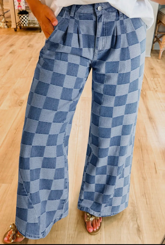 Checkered Denim Wide Leg Jeans