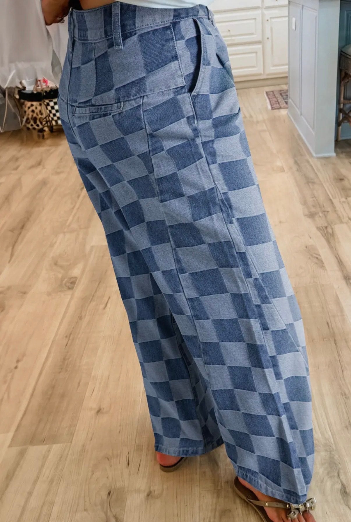 Checkered Denim Wide Leg Jeans