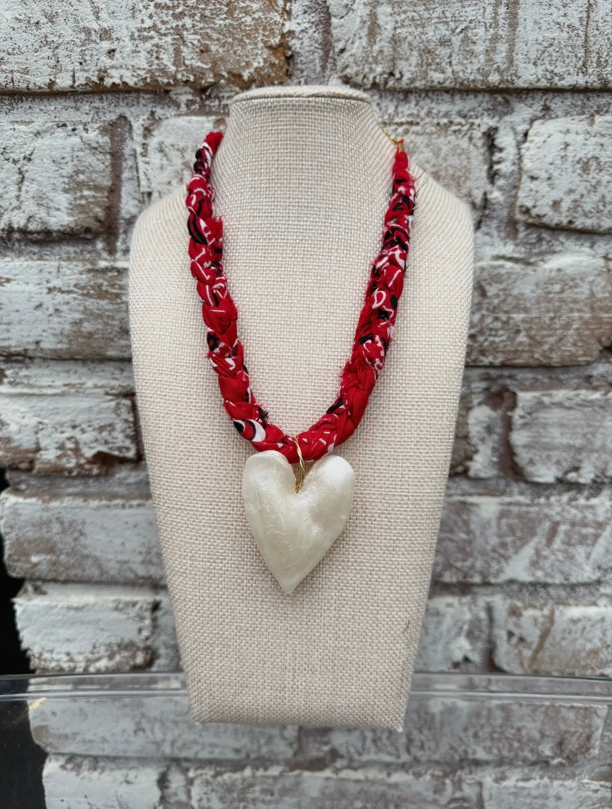 Chunky Red Bandana with pearlized heart.