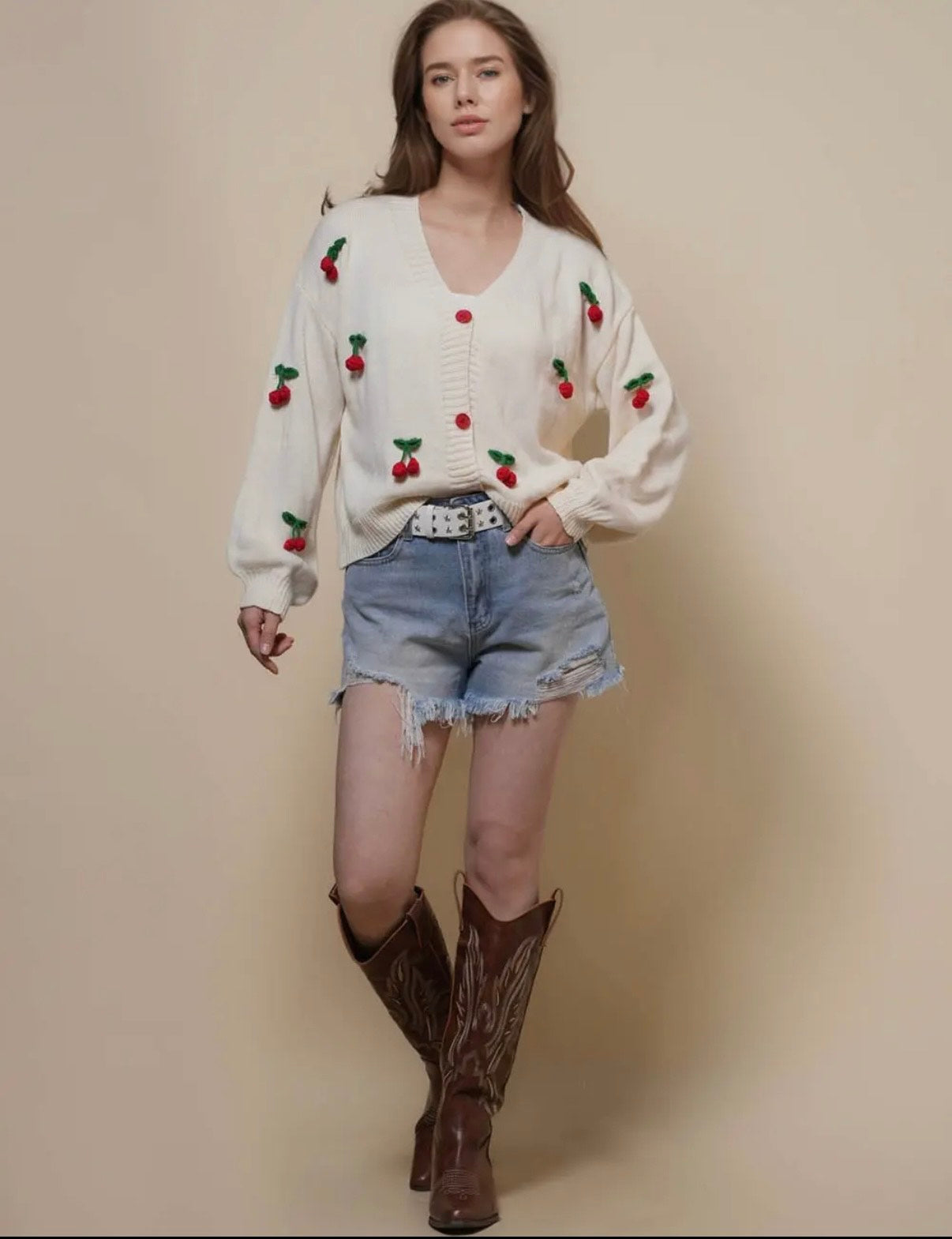 V-Neck Long Sleeves Cherry Knit Cardigan