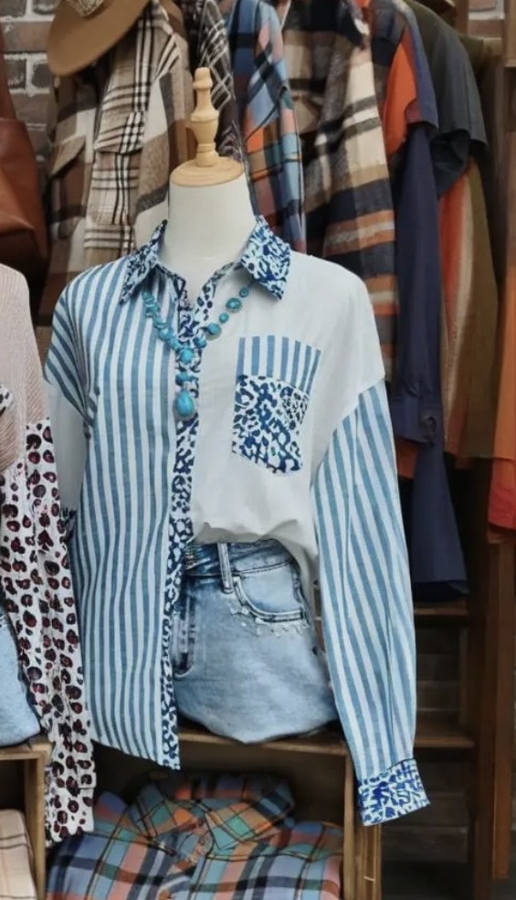 Leopard Striped Western Patchwork Button-Up Shirt 