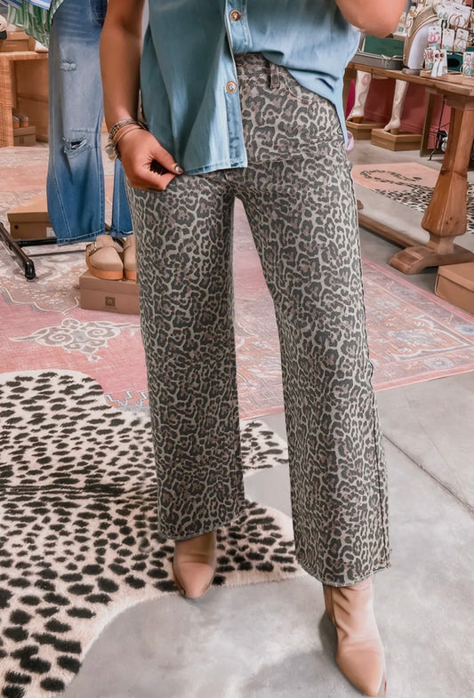 Leopard Wide Leg High Waisted Jeans with Frayed Edges