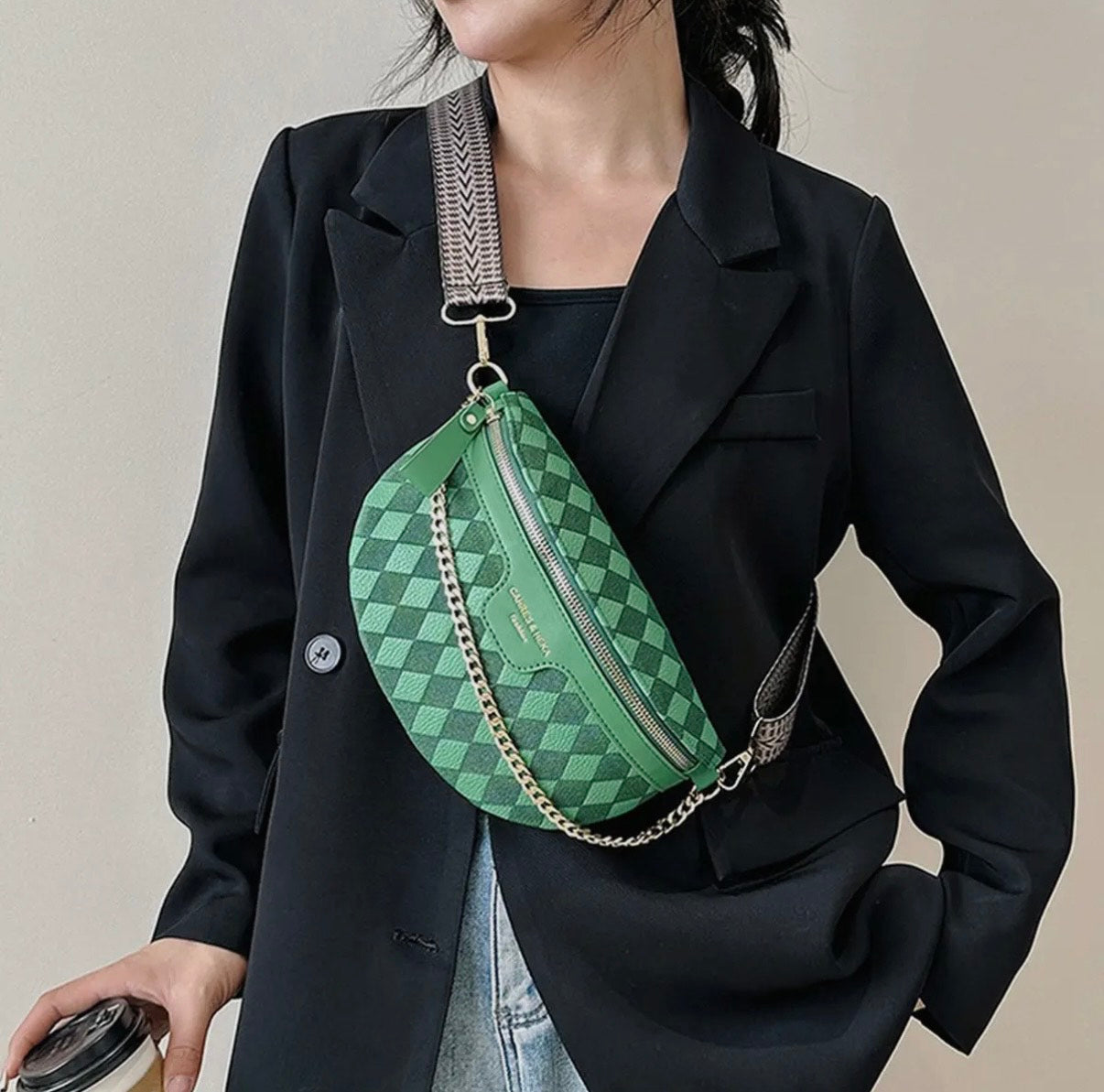 Checkered Chain Strap PU Crossbody Bag 