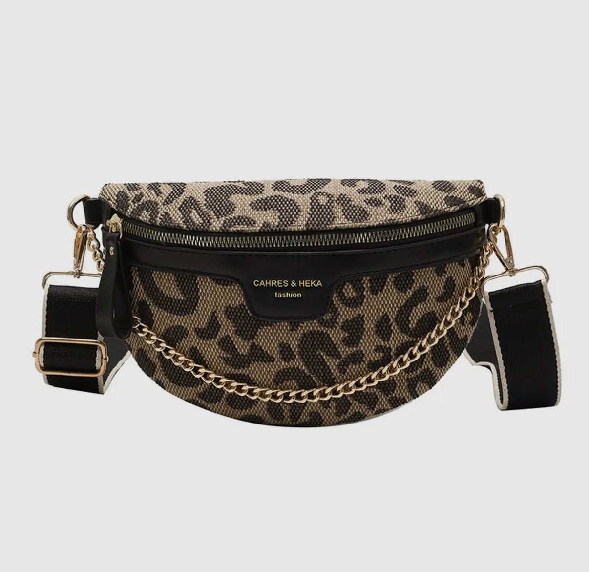 Leopard Print Black Chain Strap Fanny Bag 