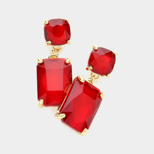 Red Square Rectangle Glass Stone Drop Earrings