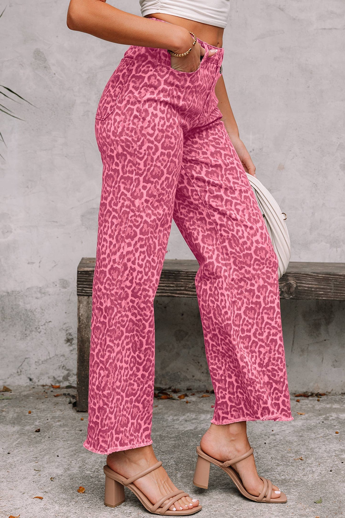 Pink Leopard High Waist Jeans with Frayed Edge -Wide Leg