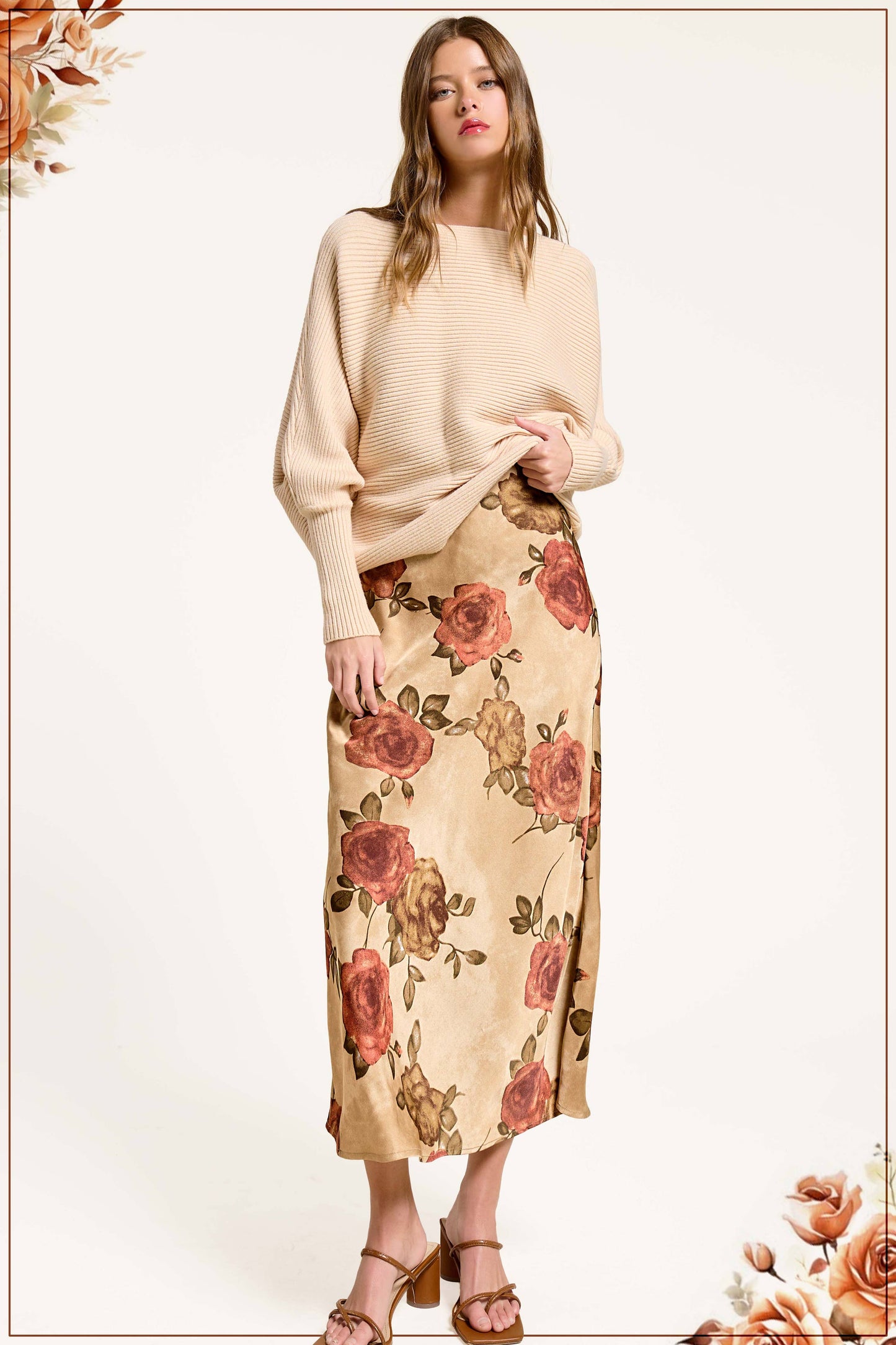 Floral Satin Midi Slip Dress with V Neckline