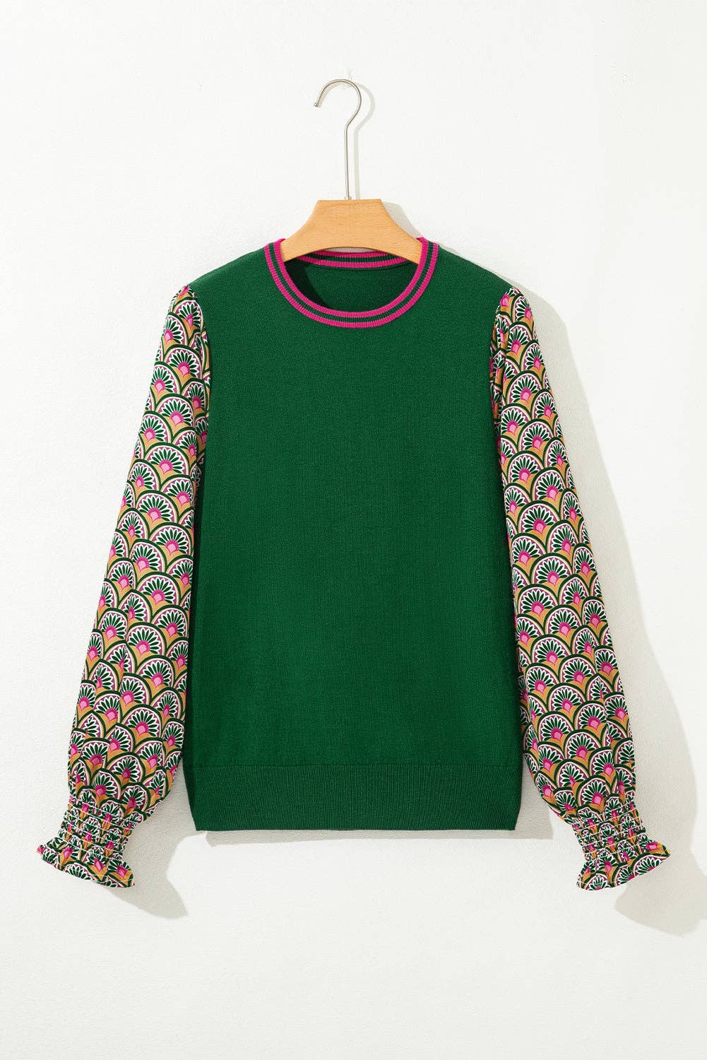 Green Floral Patchwork Shirred Cuff Puff Sleeve Sweater