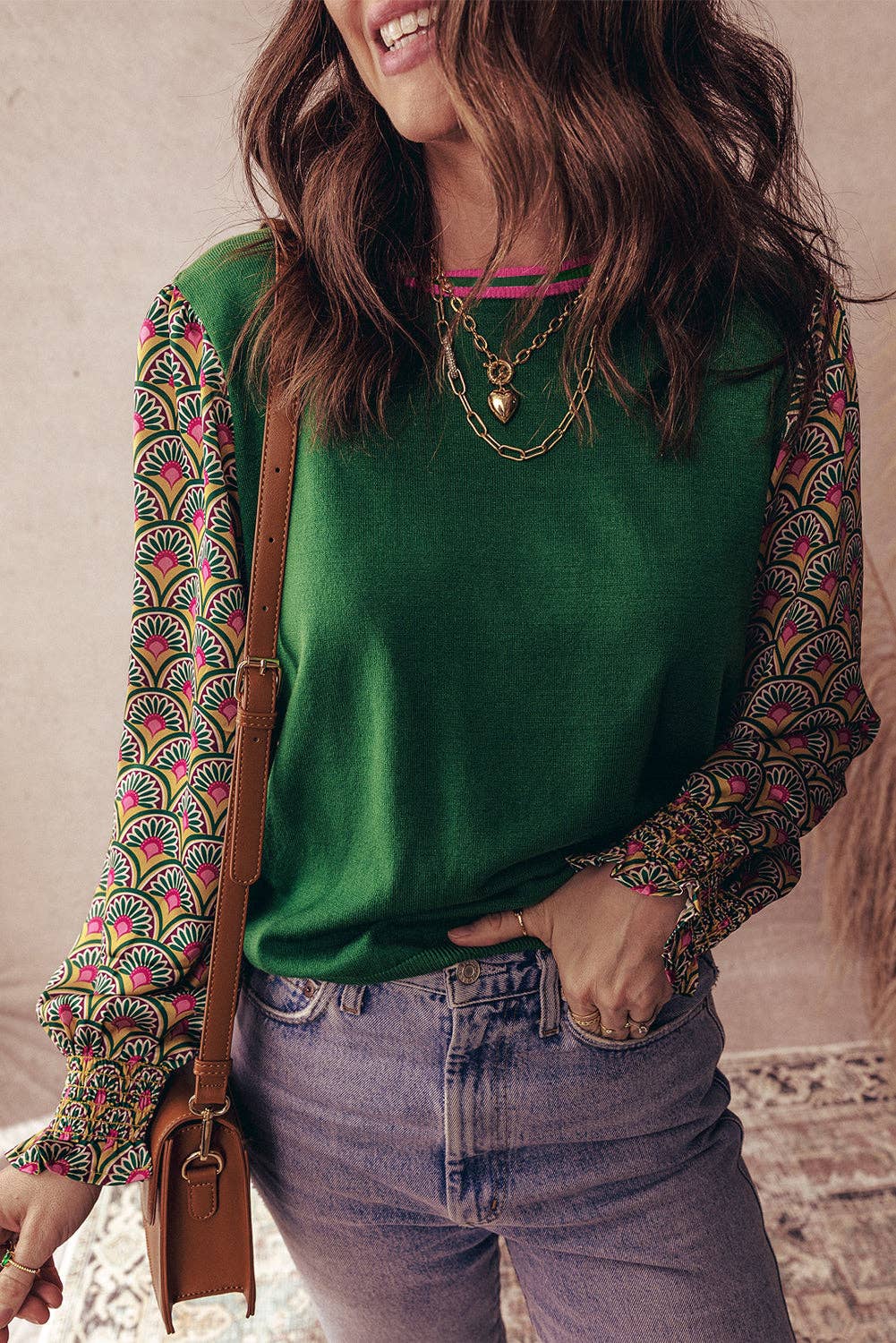 Green Floral Patchwork Shirred Cuff Puff Sleeve Sweater