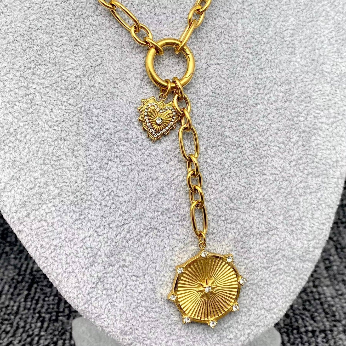 18K Gold Plated SS Y-neck Chain -Sun & Heart Charm