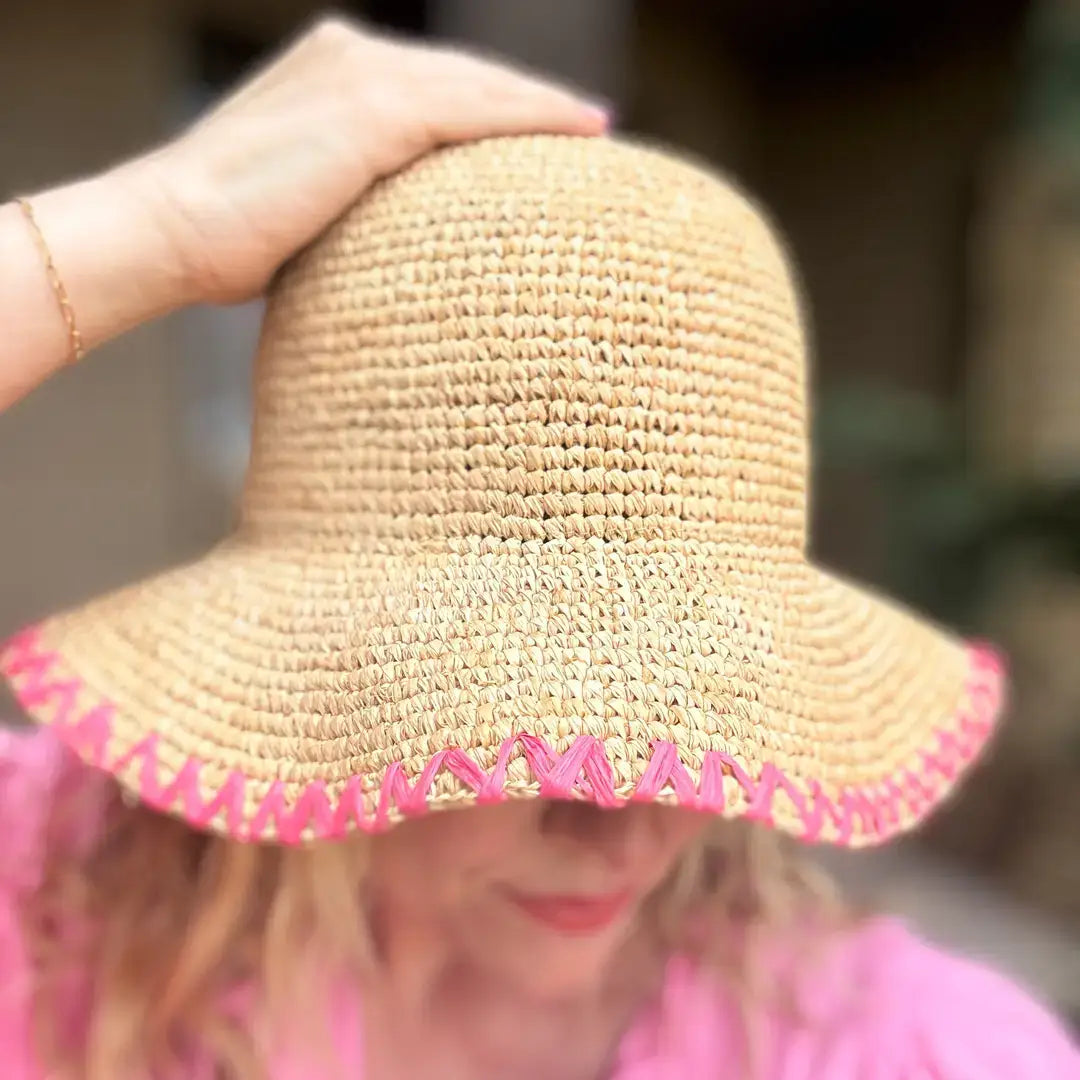 Taylor Elliott Designs Floppy Bucket Hat Pink Zigzag Trim - Eliza