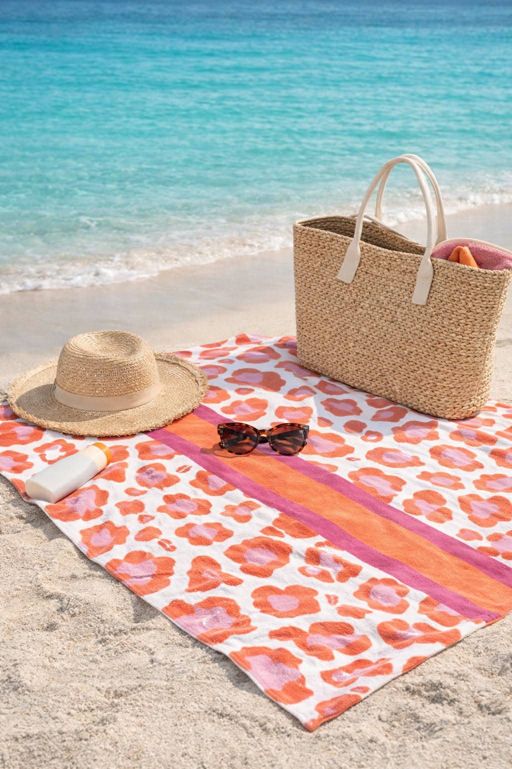 Pink Leopard w Orange Pink Stripe- Microfiber Beach Towel