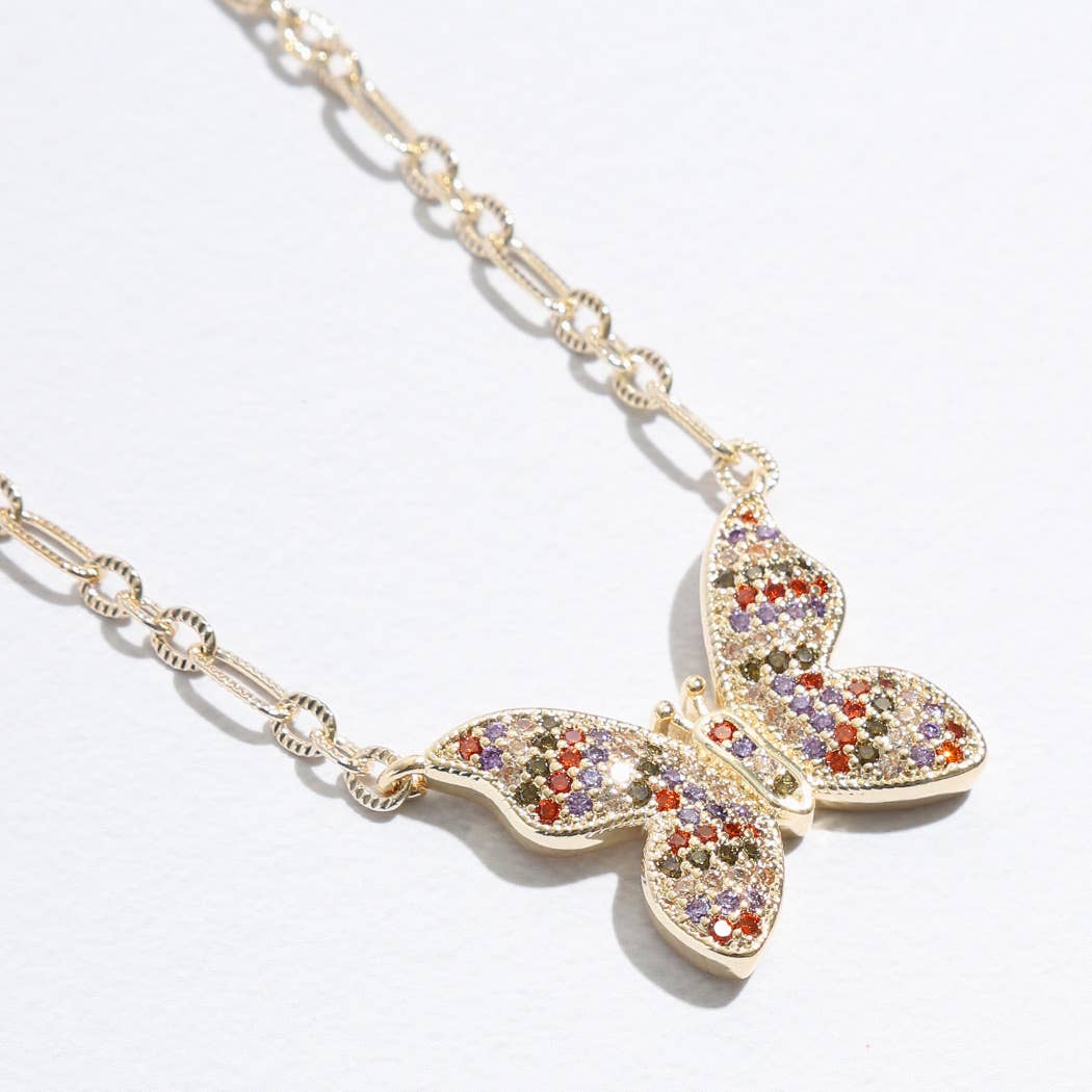 Colorful CZ Butterfly Pendant Linked Necklace