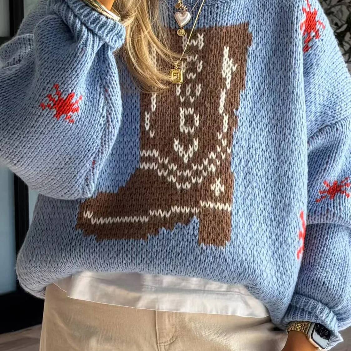 Western cowboy boots jacquard knit sweater
