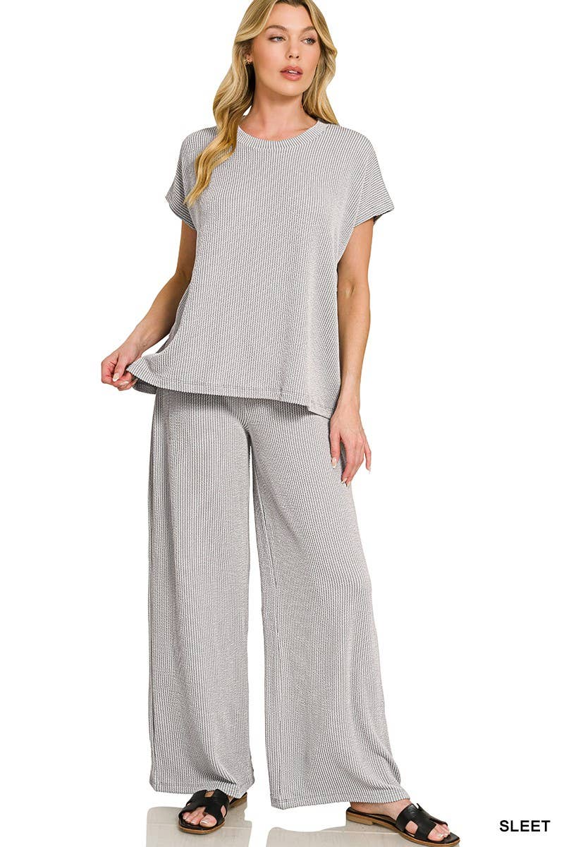 Gray Ribbed Relaxed Top & Pants Set