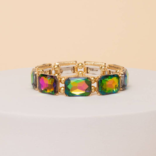 Green /Pink iridescent Emerald Cut Crystal Stretch Bracelet