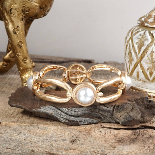 Stretchy Bangle with Pearls in Worn Gold