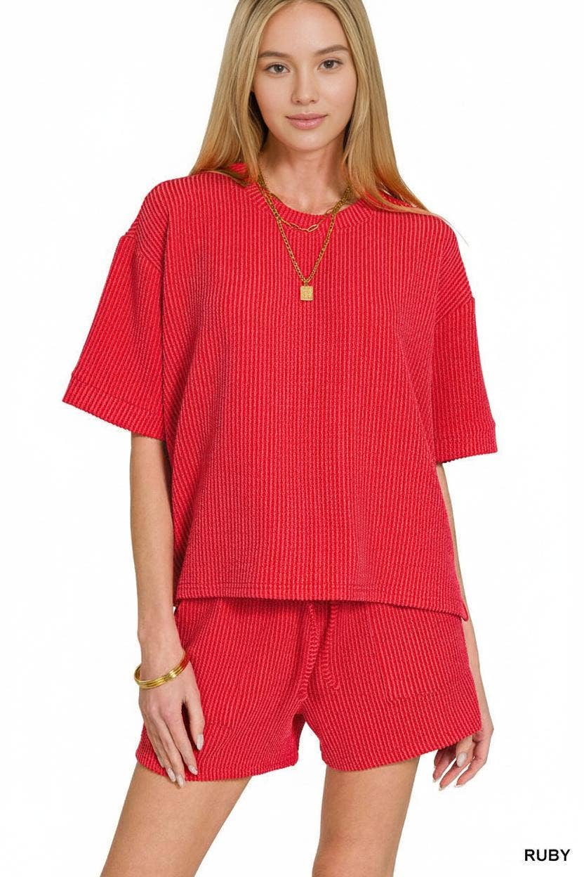 Red Rib Tee & Shorts 2pc Set