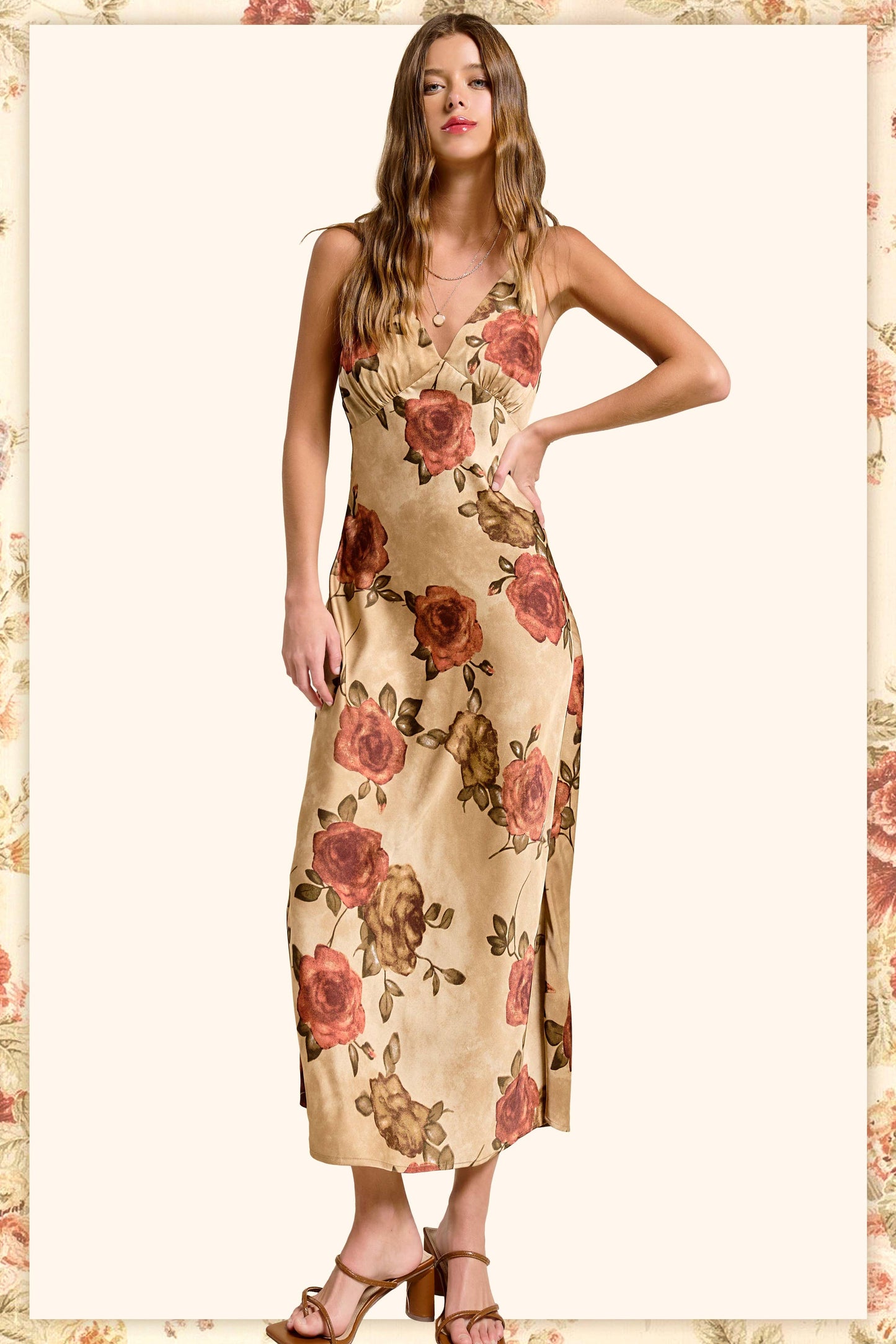 Floral Satin Midi Slip Dress with V Neckline
