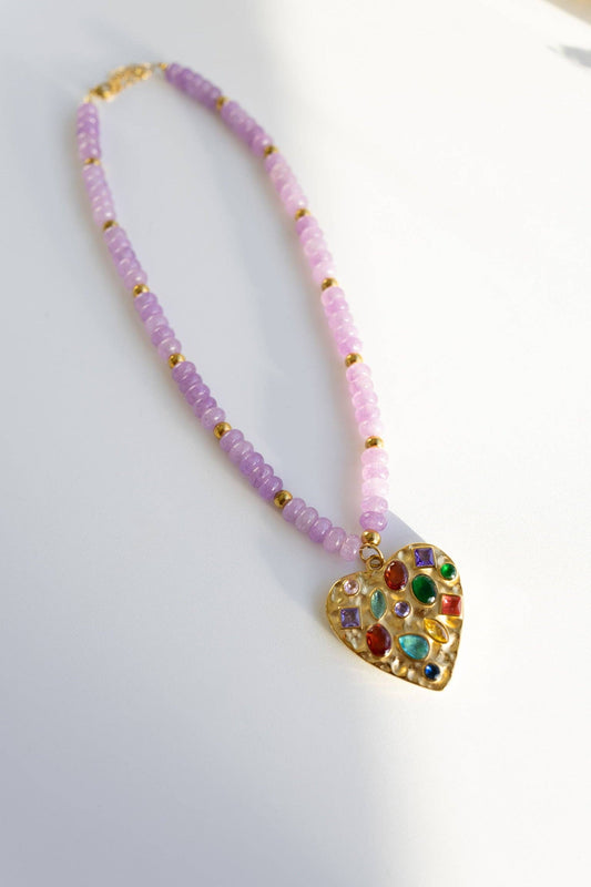 Jeweled Confetti Heart Necklace - Lilac
