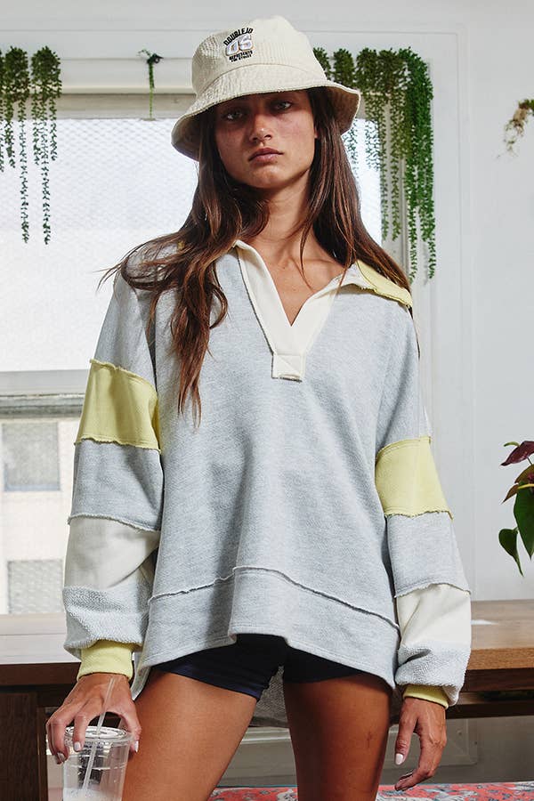 French Terry Color-block Collared Loose Fit Top