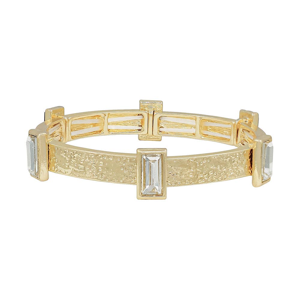 Textured Gold Bracelet with Clear Rectangle Crystals-Stretchy
