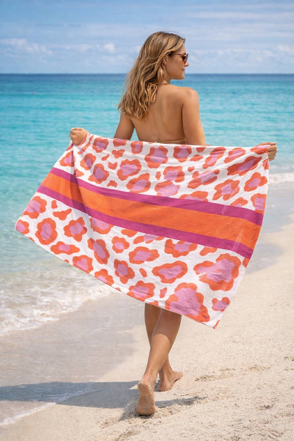Pink Leopard w Orange Pink Stripe- Microfiber Beach Towel