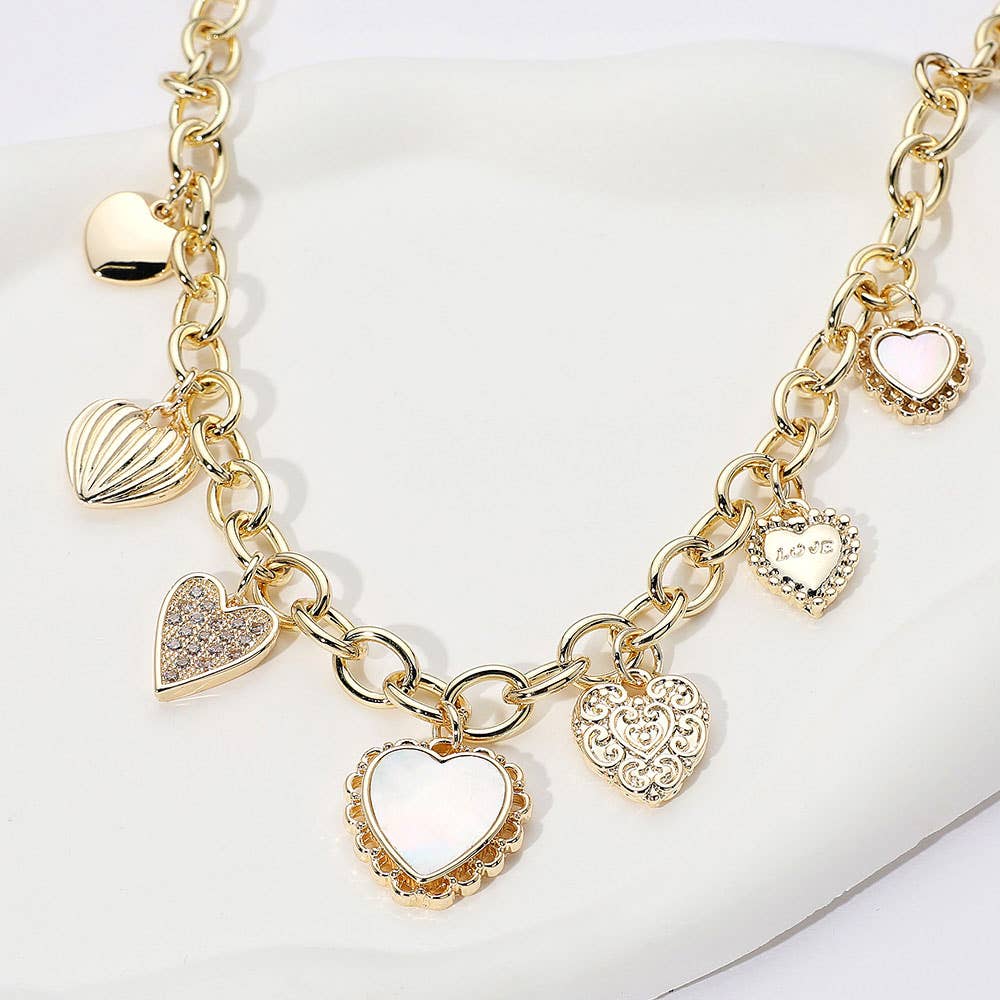 14K Gold Plated CZ Mother of Pearl Heart Charm Necklace