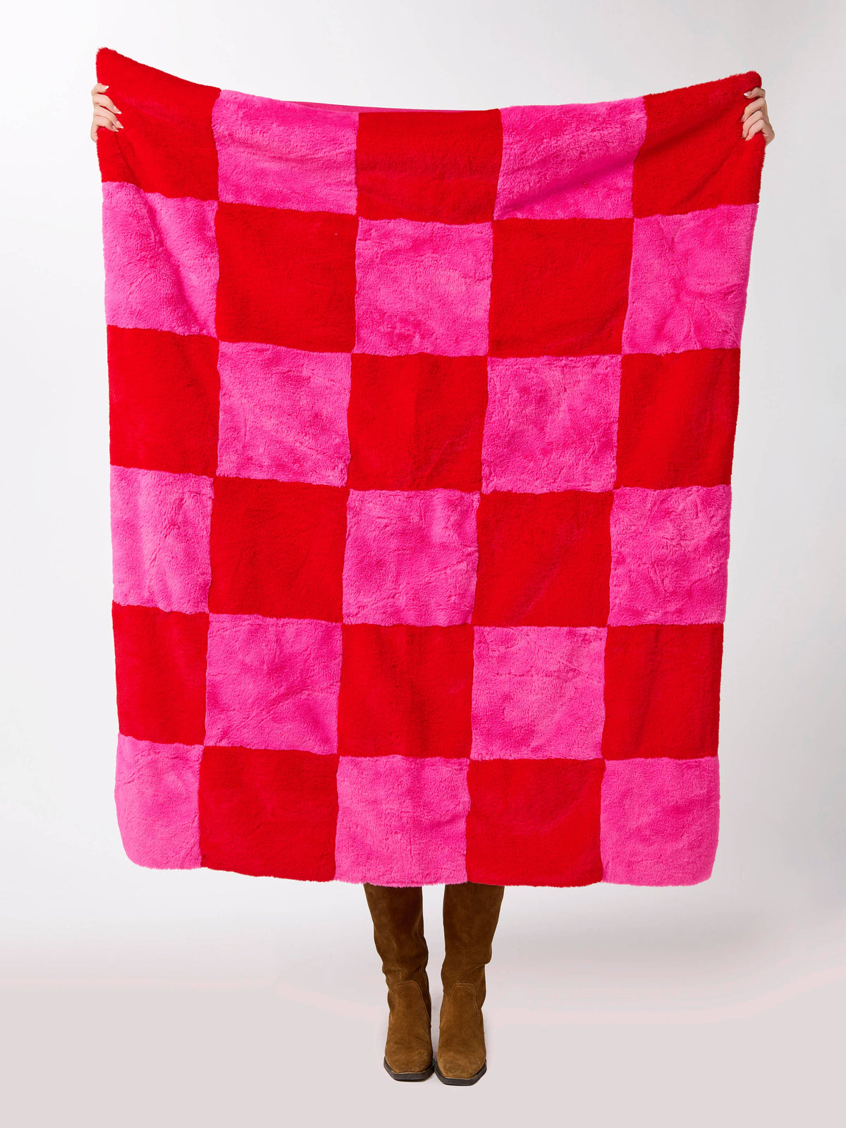 Pink Red Checketed FAUX FUR THROW