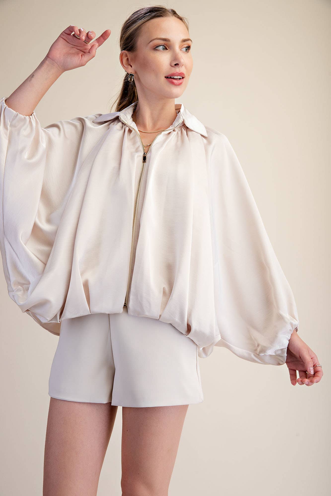 Cream Balloon Zip Up Bomber Jacket