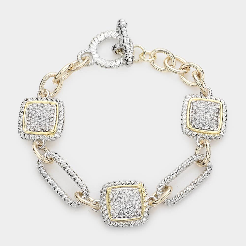 Rhinestone Embellished Square Link Toggle Bracelet