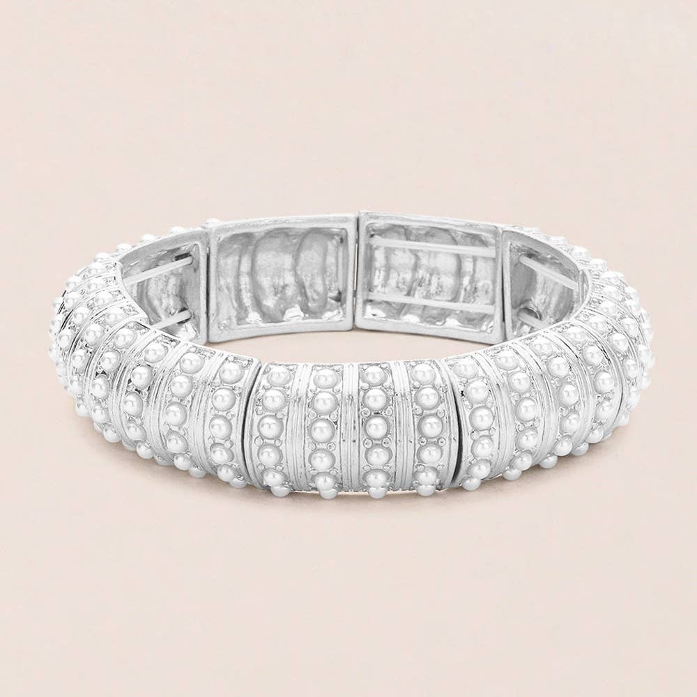 Silver Pearl Paved Stretch Bangle Bracelet