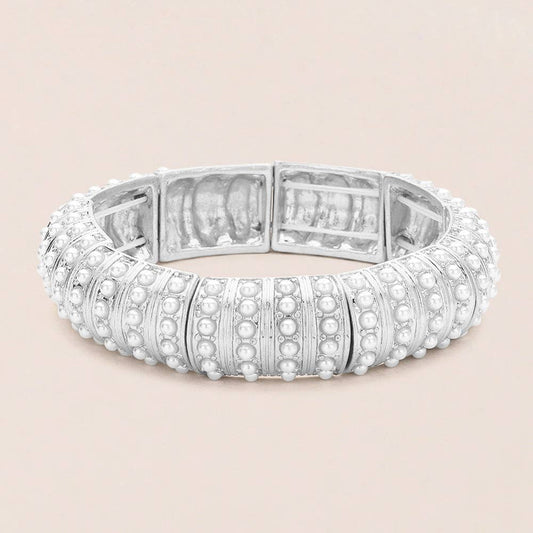 Silver Pearl Paved Stretch Bangle Bracelet