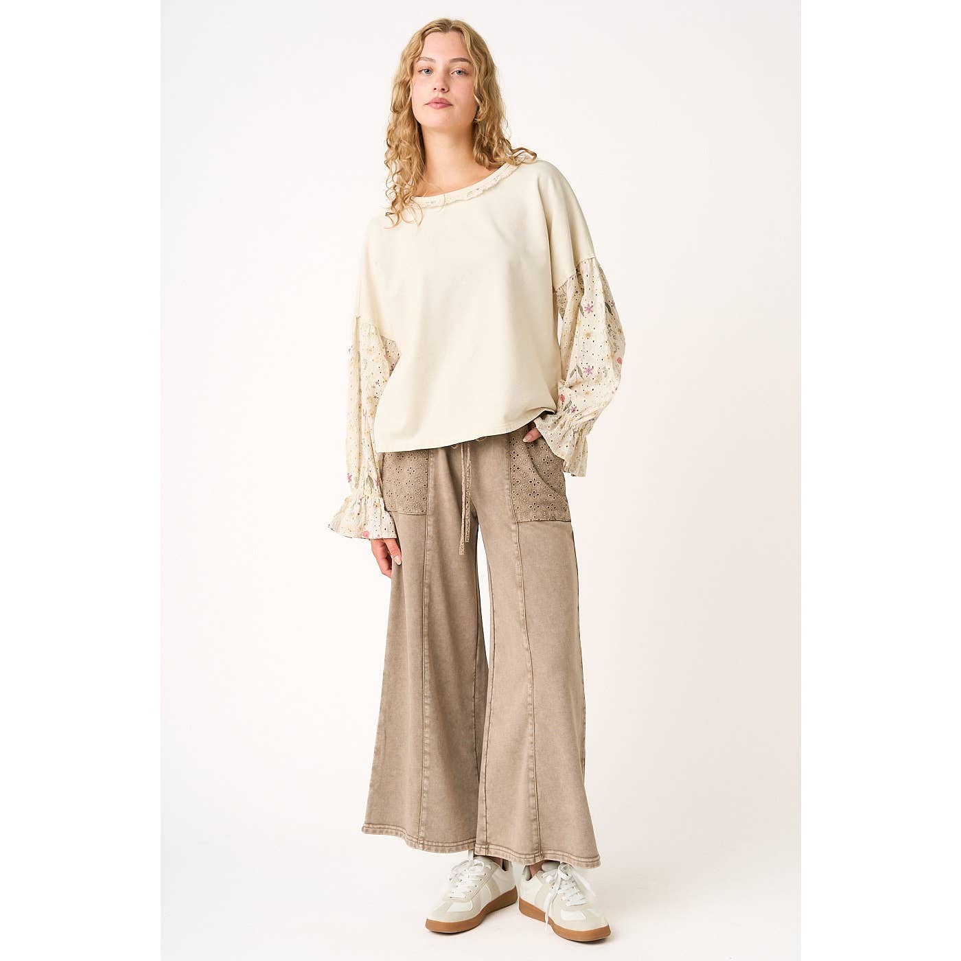 Brown Eyelet Lace -MINERAL WASH WIDE LEG PANTS