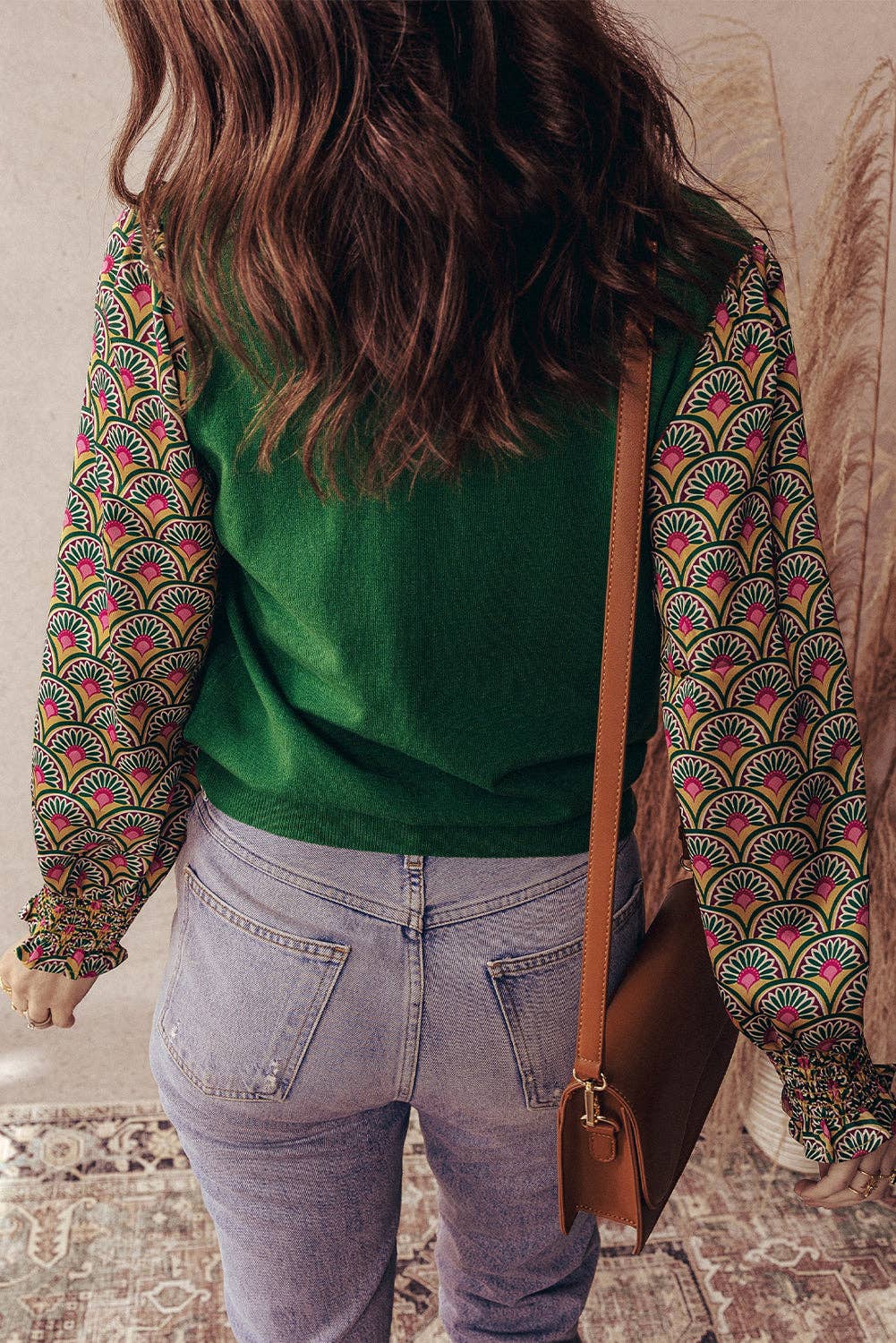 Green Floral Patchwork Shirred Cuff Puff Sleeve Sweater