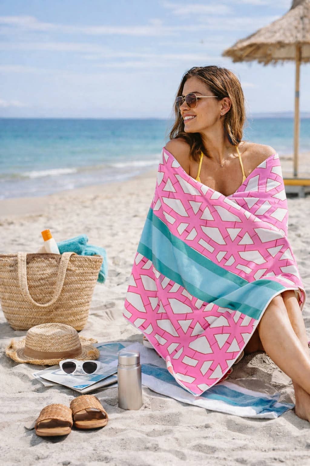 Pink Bamboo w Aqua Stripe-Microfiber Beach Towel