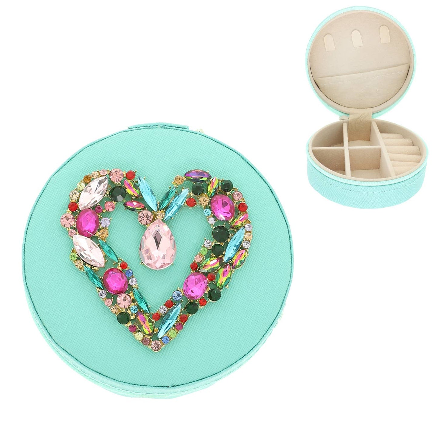 Turquoise Crystal Heart Round Travel Jewelry Box