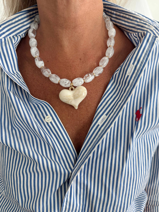 White Beaded Necklace W/ Beige Heart