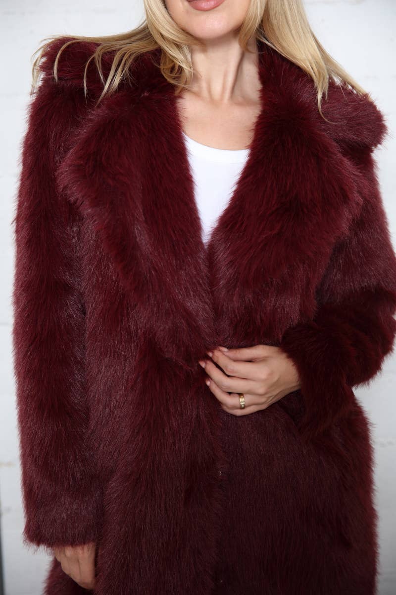 Burgundy Long Hair Faux Fur coat