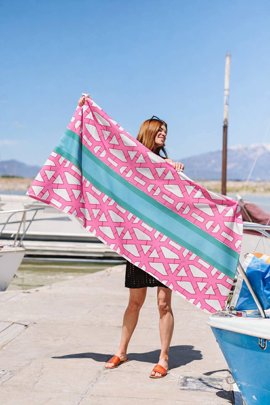 Pink Bamboo w Aqua Stripe-Microfiber Beach Towel