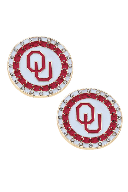 Oklahoma Sooners Pave Disc Stud Earrings in Crimson/White