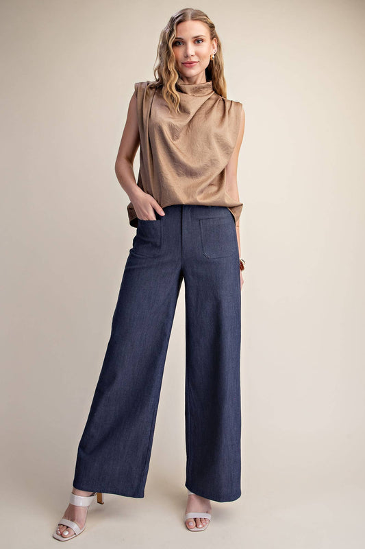 Dark Denim -Stretchy Jeans High Rise Front Pocket Wide Leg