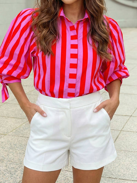 Hot Pink & Red Striped Vibrant Button Up Blouse