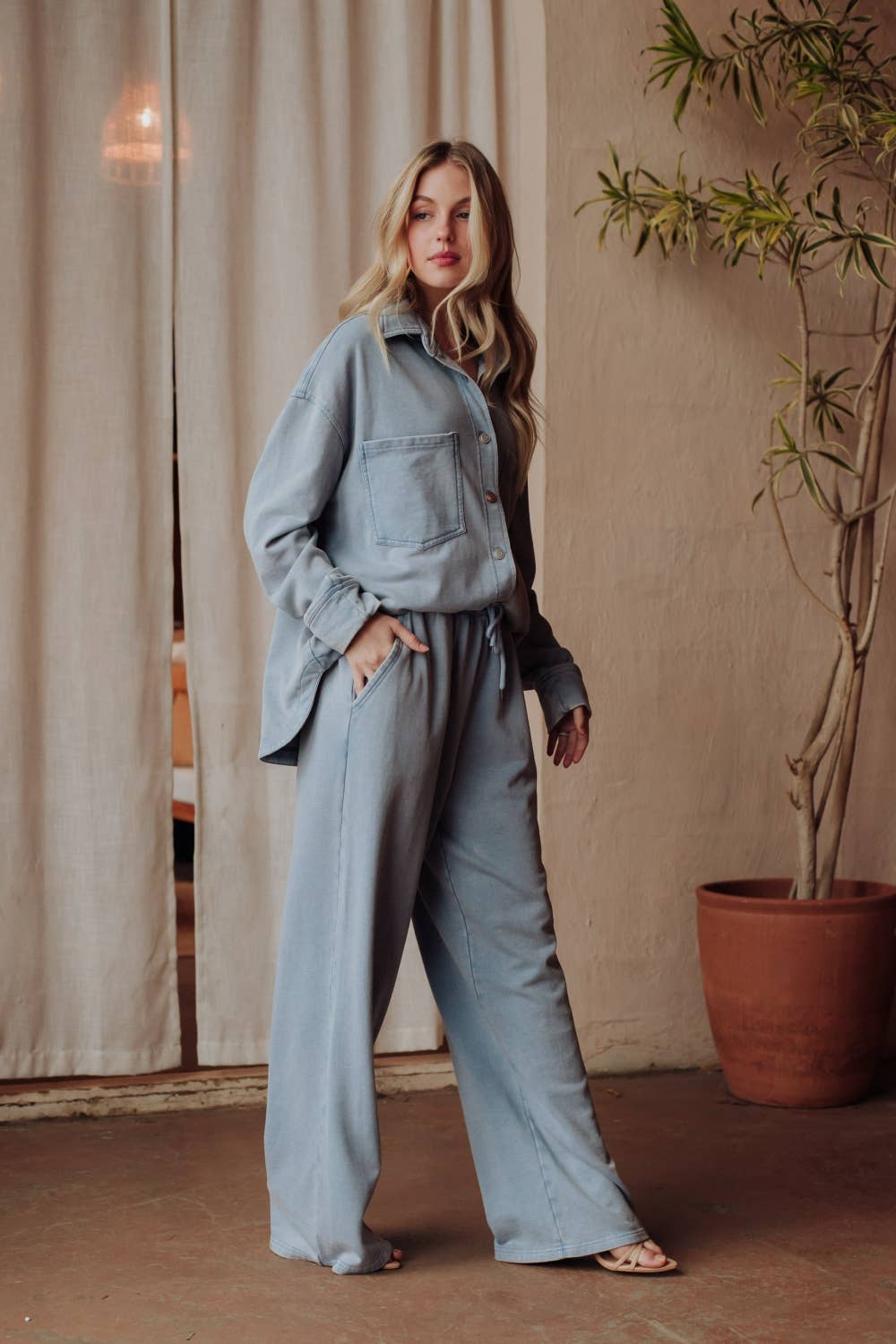 Panache Apparel Co. - Lt. Blue Washed Soft Sweatpants & Cropped Button Up Set