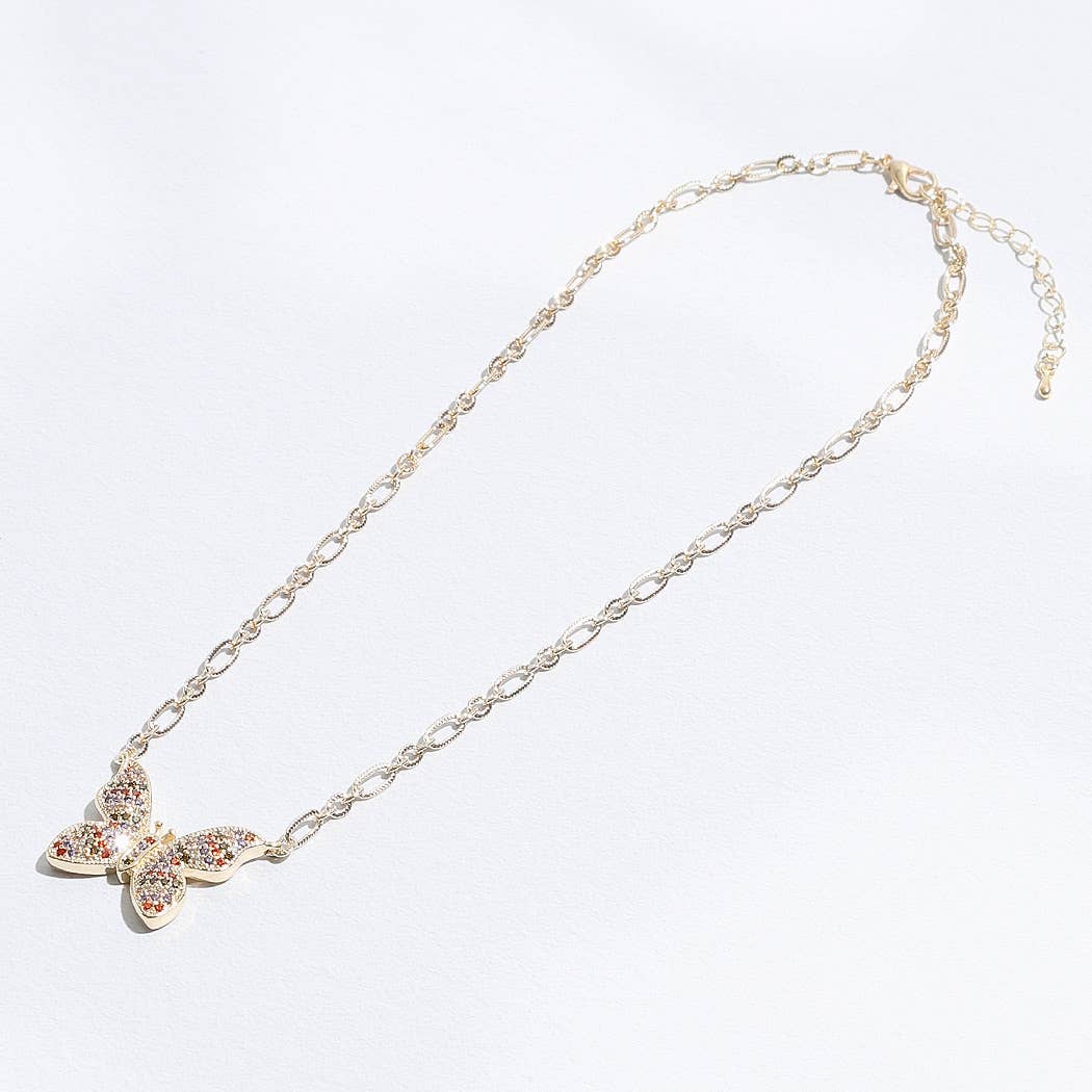 Colorful CZ Butterfly Pendant Linked Necklace