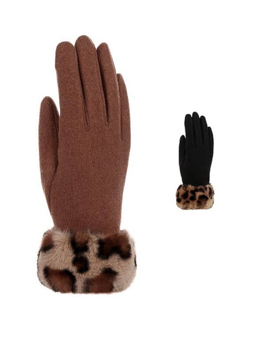 Black/Brown Leopard Cuff Faux Fur Gloves