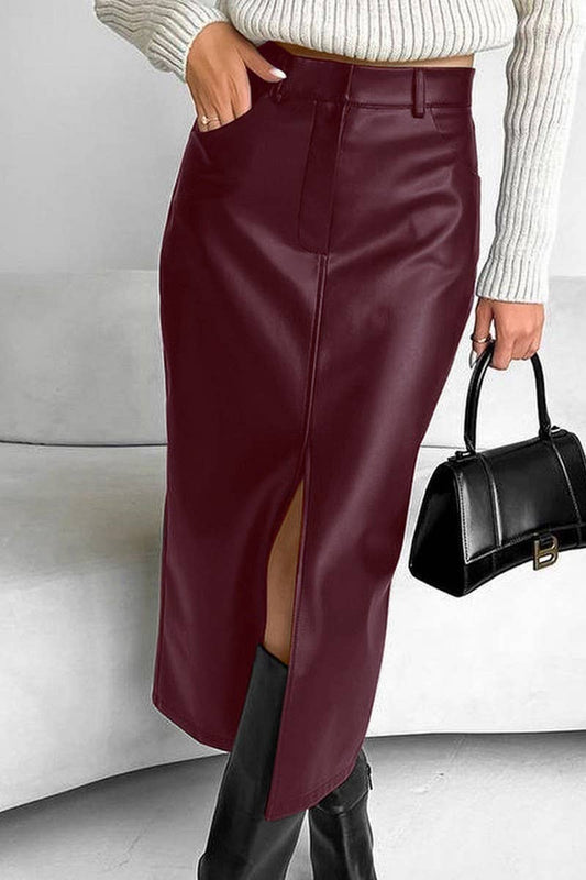 VELVET PU LEATHER SLIT SKIRT