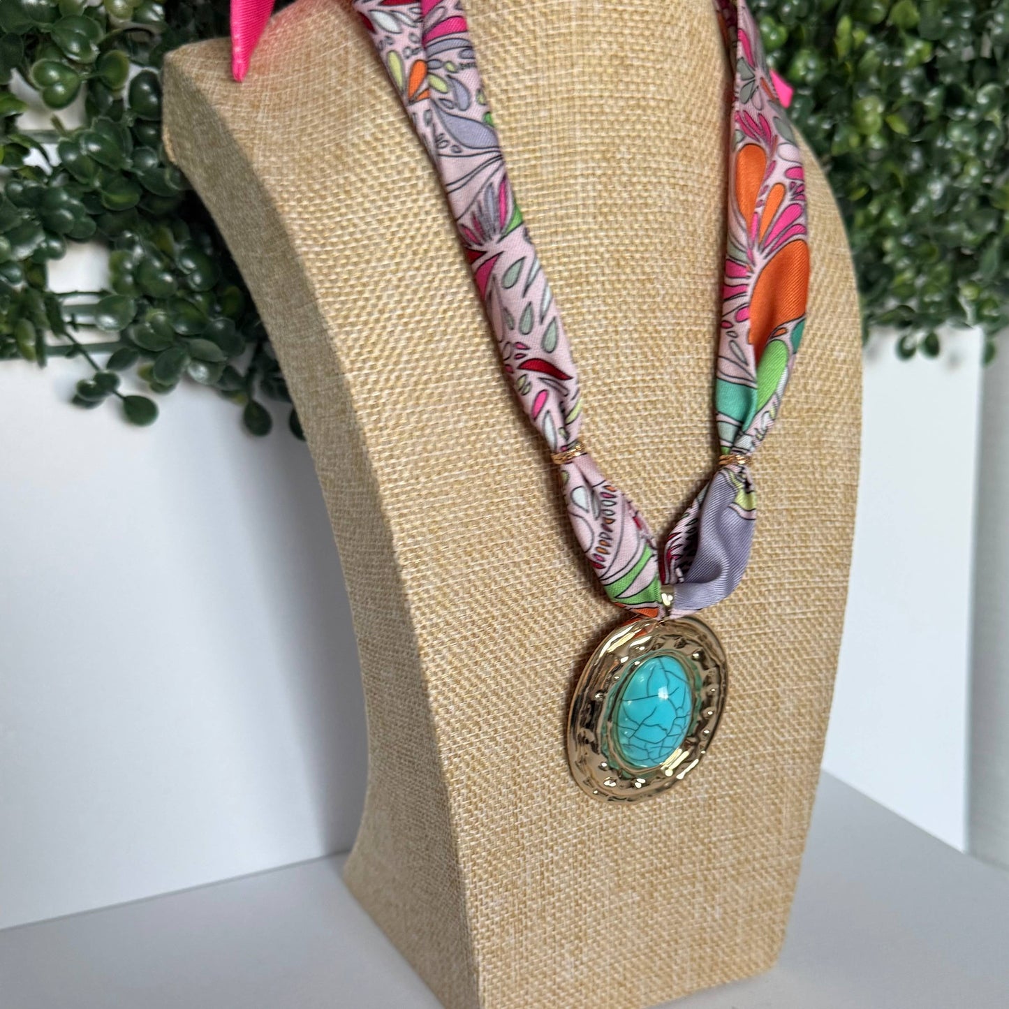 Scarf Necklace Turquoise Gold Oversized Pendant Charm